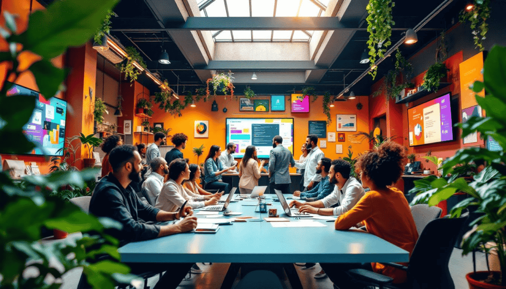 A diverse group of employees collaborating in a modern office space, showcasing employee connectivity.