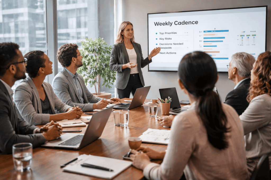 Photo of a weekly operating cadence meeting taking place.