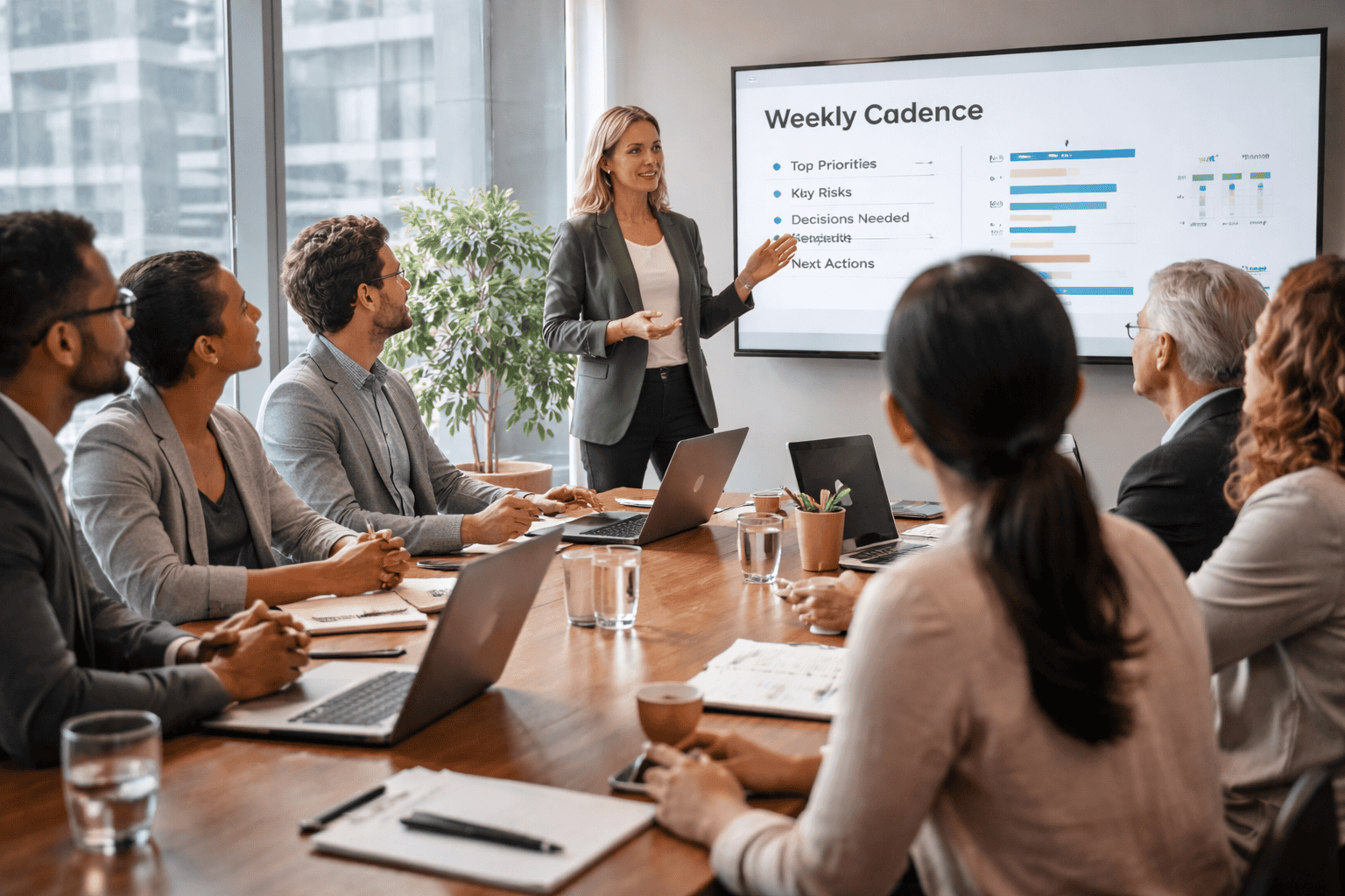 Photo of a weekly operating cadence meeting taking place.