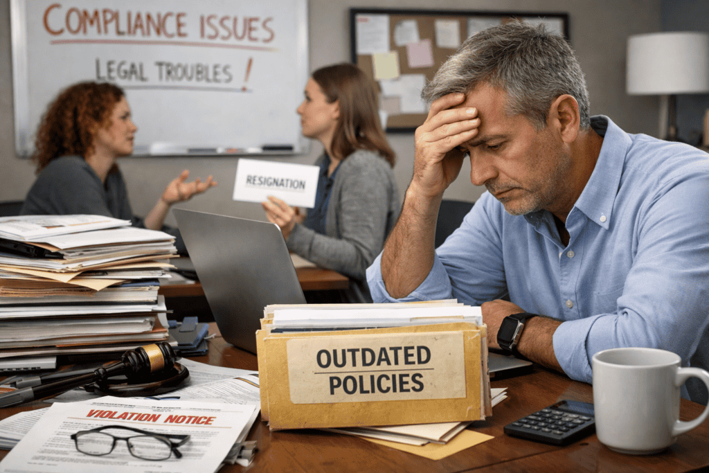 Man concerned about the company's outdated policies.