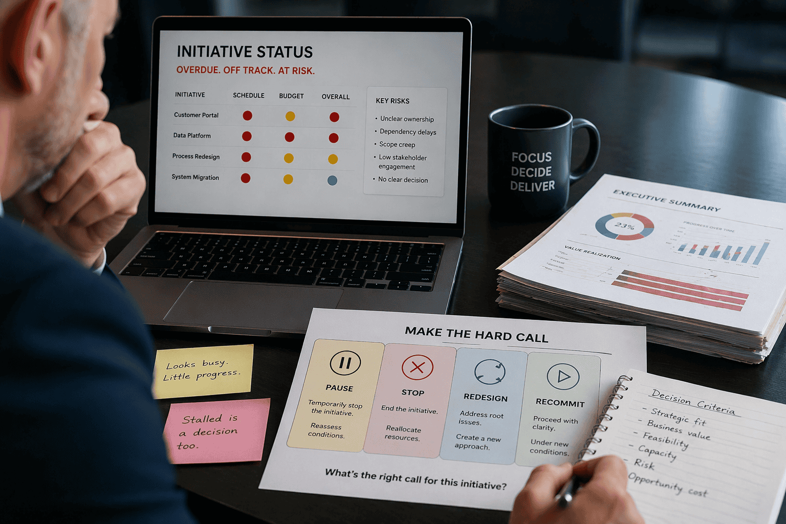 Executive looking at stalled initiatives on a dashboard