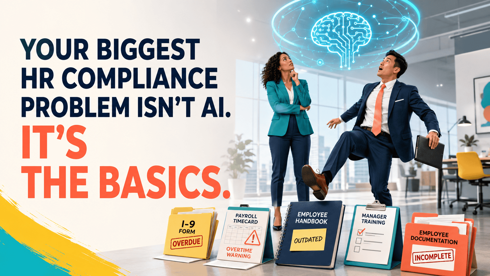 Scene showing two professionals looking at an AI brain while HR compliance issues get ignored.