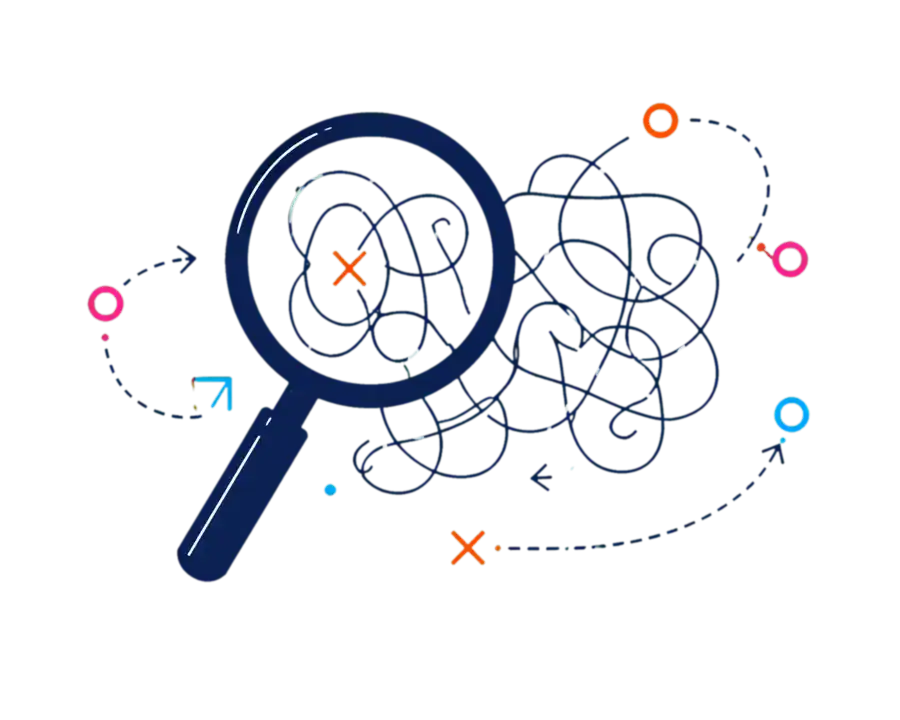 Magnifying glass finding the source of a tangled workforce problem