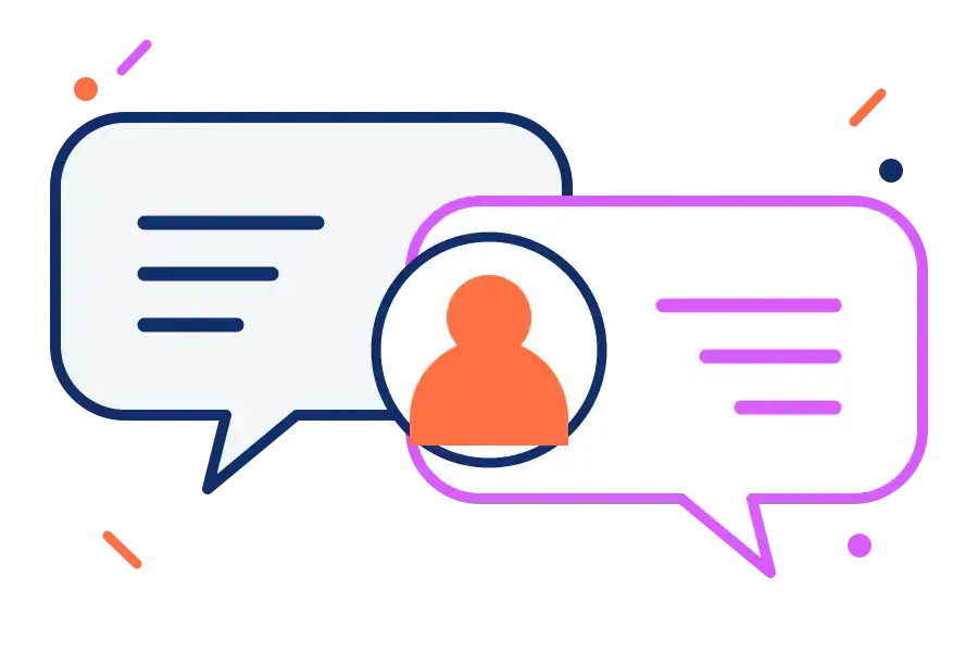 Speech bubbles showing a hiring conversation.