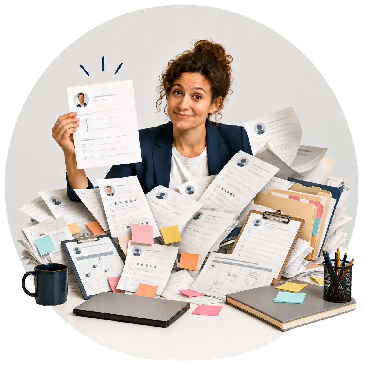 Hiring professional surrounded by résumés, interview scorecards, and candidate paperwork