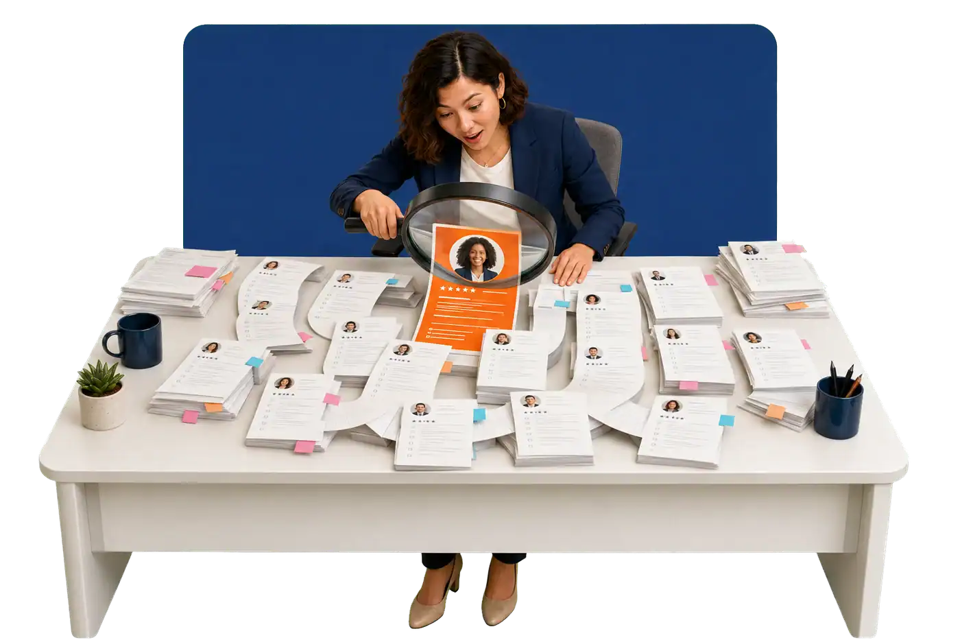 Hiring manager comparing candidate profiles with a magnifying glass