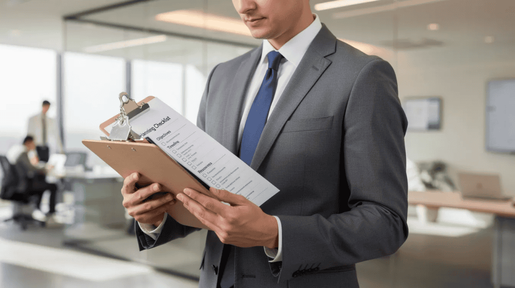 An image of a professional in a modern office setting, intently reviewing a planning checklist on a clipboard, highlighting the importance of effective strategy execution and clear objectives in achieving organizational goals. The scene captures the essence of strategic planning and implementation in a workplace environment.
