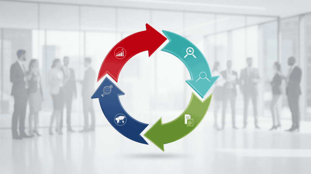 The image depicts a circular process diagram with four arrows forming a loop, symbolizing strategy execution, while business professionals are engaged in discussions in the background, highlighting the importance of effective strategy implementation and alignment with organizational goals.