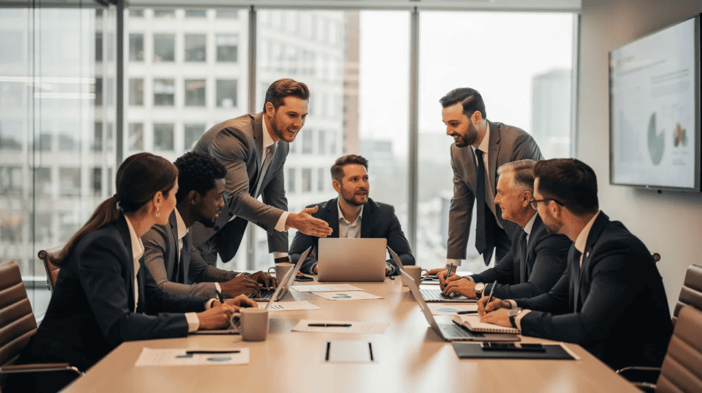 A diverse group of business professionals in an execution strategy meeting.