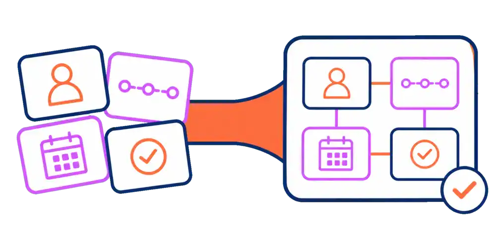 A drawing showing disconnected parts of a business combining into a smooth transformation process.