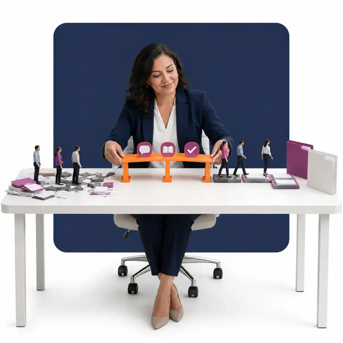 A woman using change enablement to help employees adopt a new process or system.