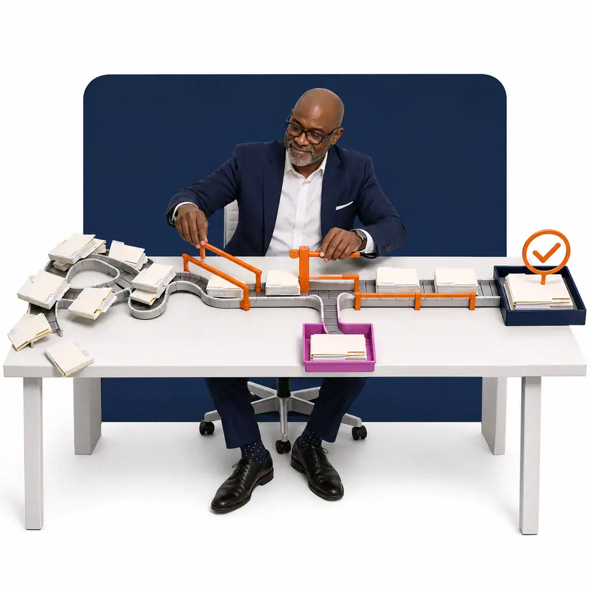 A man running work through compliance and controls checks.