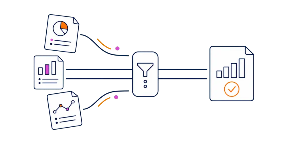 A drawing showing disparate data being turned into one clean and useful report.