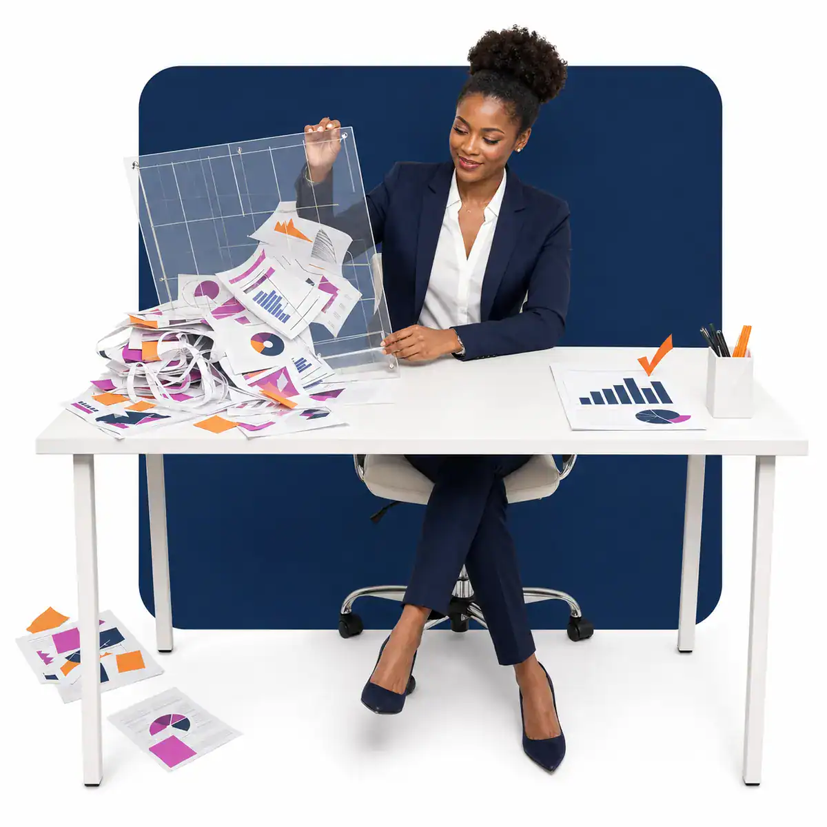 A woman turning a mess of paper reports into clean and simplified data and reports.