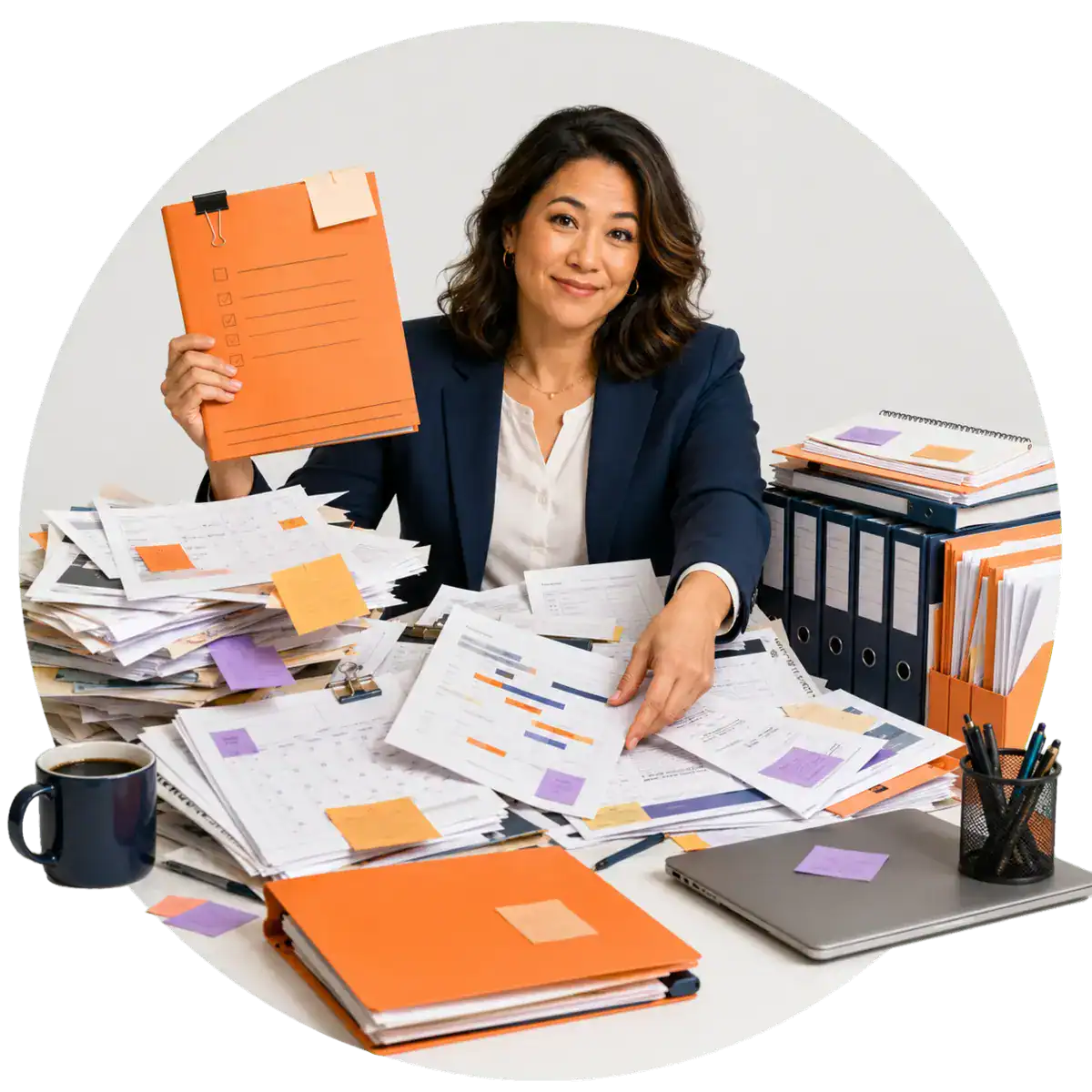 A woman drowning in disorganized paperwork, slowing execution and business results.