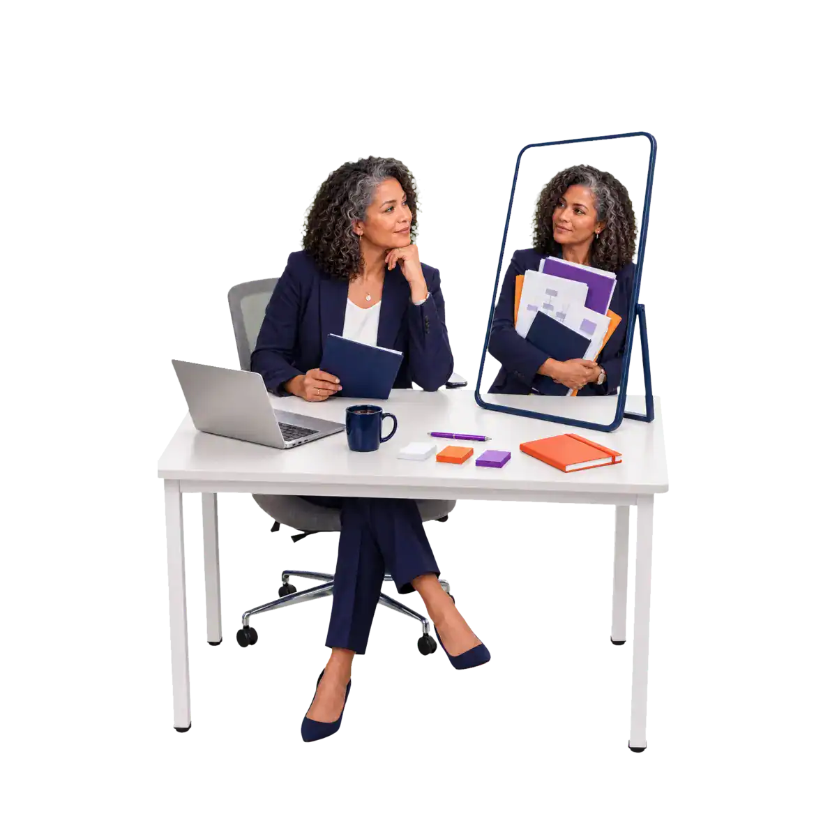 A picture of an executive woman engaging in self reflection.