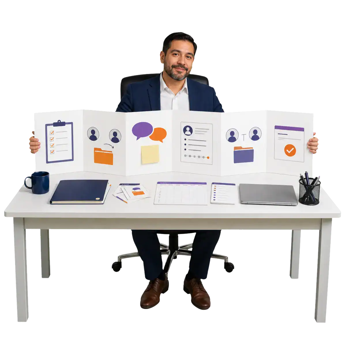 A photo of a man showing all the things he's responsible for as a manager.