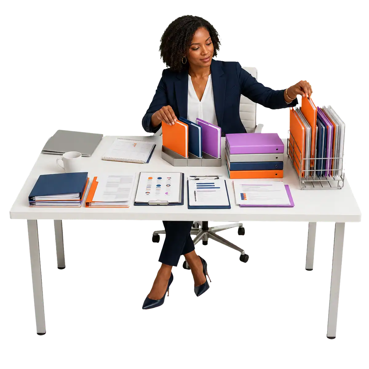 A woman prioritizing work in her total portfolio.