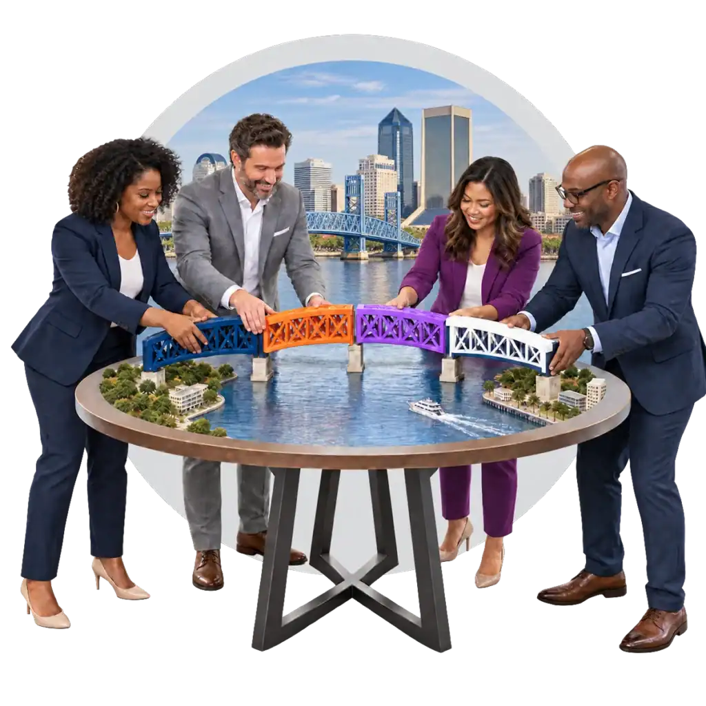 Business people connecting four sections of a bridge to represent the four drivers of business success, in front of a Jacksonville Florida skyline.