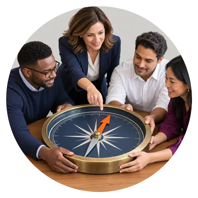 A team of Leaders looking at a compass to find direction.
