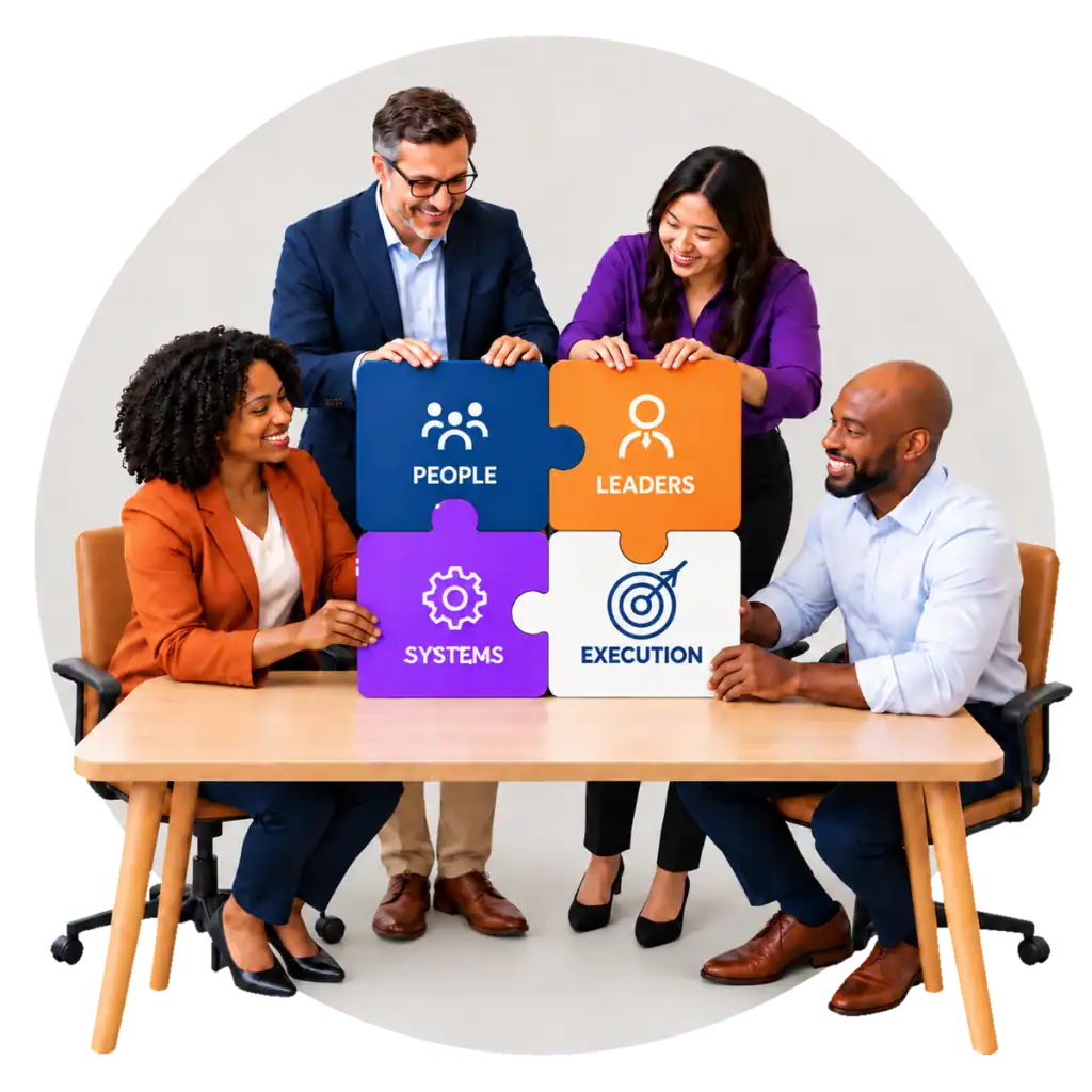 A group of leaders looking at puzzle pieces that represent the four drivers of business success: people, leaders, systems, and execution.