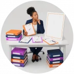 A woman is looking at a lot of evidence of transformation activity, but the results board is still empty.