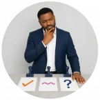 A man confused by three different compliance answers to the same question.