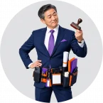 An executive carrying all of his bad habits, deciding which to keep and which to change.