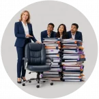 A leader standing next to an empty chair while three potential successors stand behind documents and binders representing the learning they must do to get to the chair.