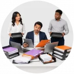 A photo of a man with too much work and not enough delegation to the two people standing next to him.