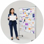 A woman looking at a board full of work with low work visibility because of volume.