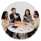 A team deciding who is responsible for an item and all pointing at each other.