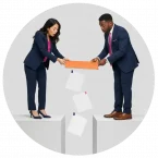 Two people handing off items in a workflow while items fall through the cracks.